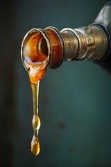 Macro shot of a fuel nozzle dripping gasoline into a metal tank