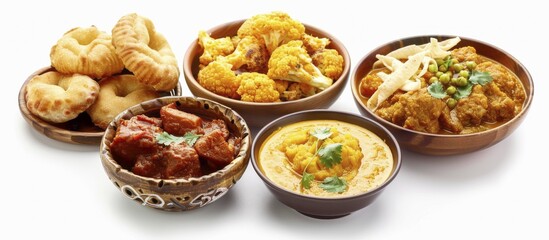 Fototapeta premium A variety of Indian curries with cauliflower and naan, presented in traditional pottery, displaying rich colors, AI generated