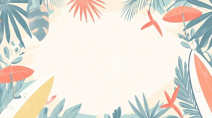 Tropical Summer Beach Scene with Surfboards and Umbrellas