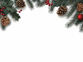 Festive Xmas border; pine, holly, berries