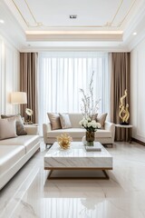 A sleek neoclassical living space with marble flooring, a marble coffee table, white and gold moldings, cream sofas, and unique golden sculptures placed
