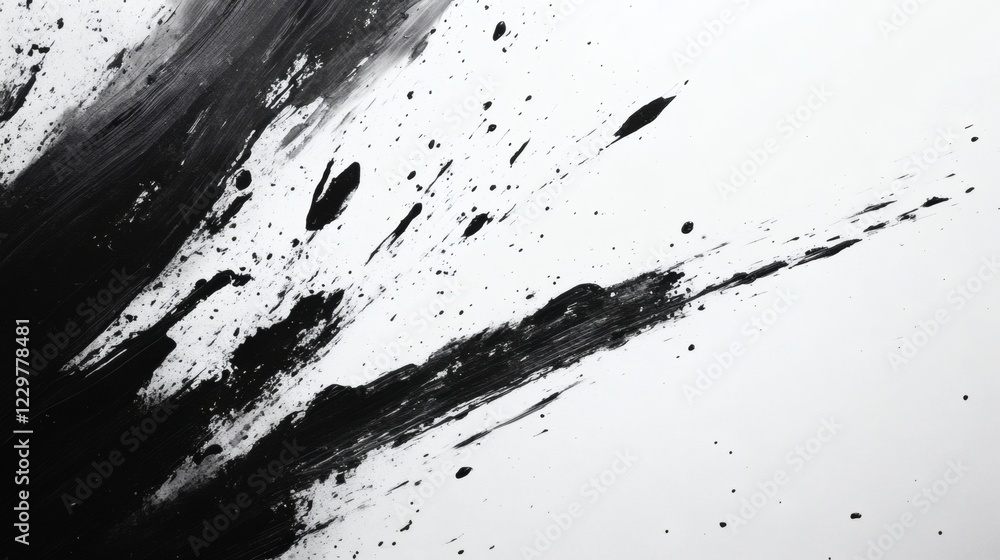 Poster sweeping ink brush strokes across white background with dynamic splashes forming bold abstract shape