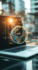 Digital Global Network Concept on Laptop Screen with Graphics Visual
