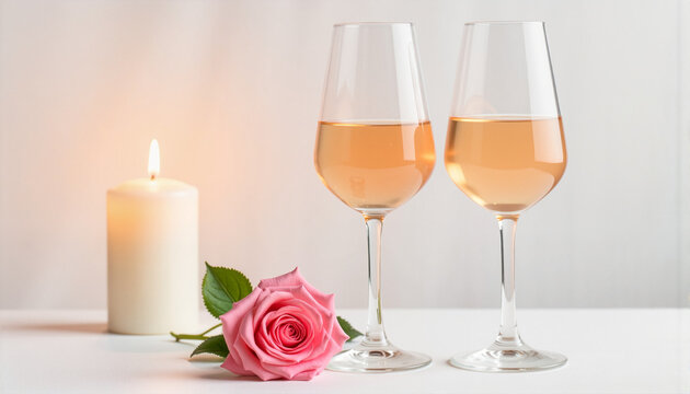 Wine glasses with pink rose and candlelight, Valentine's Day Charity