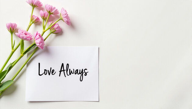 Pink flowers with love note on white background, Valentine's Day Charity