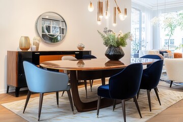 Sophisticated dining room with a retro sideboard, a sleek wooden table, and upholstered chairs in bold colors