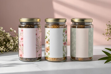Elegant Tea Packaging Mockup Features Glass Jars With Floral Designs on Display