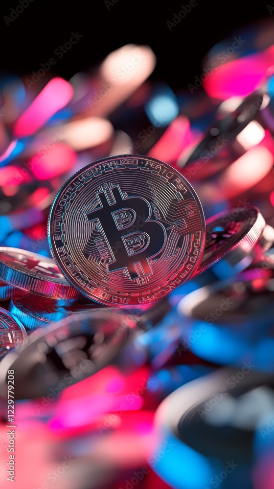 Aufkleber bitcoin coins scattered on a colorful reflective surface creating a vibrant modern digital currency 