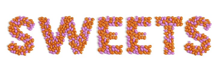 Word SWEETS colorful pattern made from dragee candies isolated on white background. High res stitched image