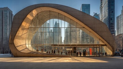 Fototapeta premium Modern concrete building with large glass window, city skyline reflected.