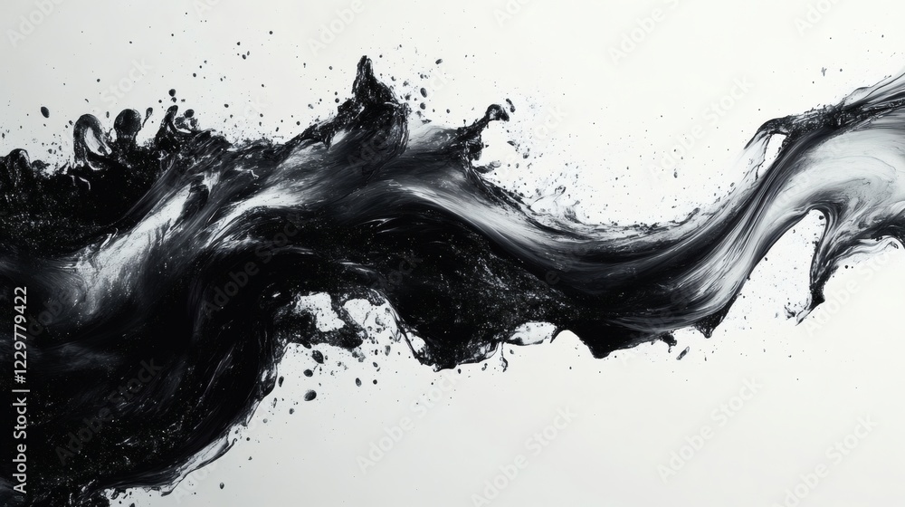 Poster sweeping ink brush strokes across white background with dynamic splashes forming bold abstract shape