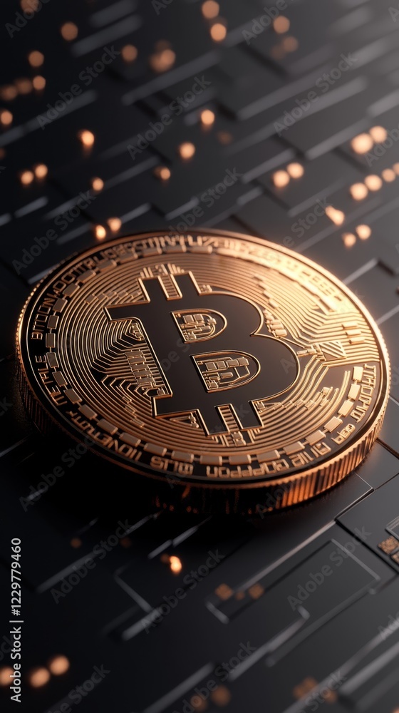Poster golden bitcoin rests on a digital circuit board with glowing elements in a modern cryptocurrency set