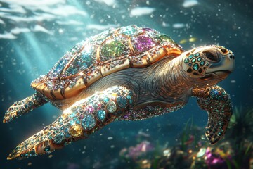 Obraz premium Majestic gem-encrusted turtle swims underwater in an enchanted ocean fantasy art vibrant marine life close-up view