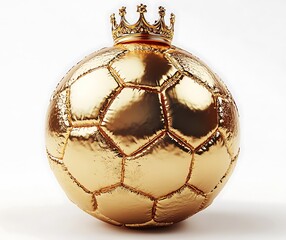 Gold soccer ball or football isolated on white 3d illustration background with sport winner banner championship tournament and golden king crown