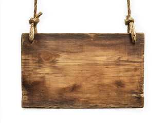 .An old wooden sign hanging on a rope, isolated against a white background.