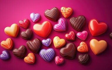 Obraz premium n assortment of colorful heart-shaped candies and chocolates, artistically arranged on a vibrant red-to-deep purple gradient background. Valentines Day and 8 March theme