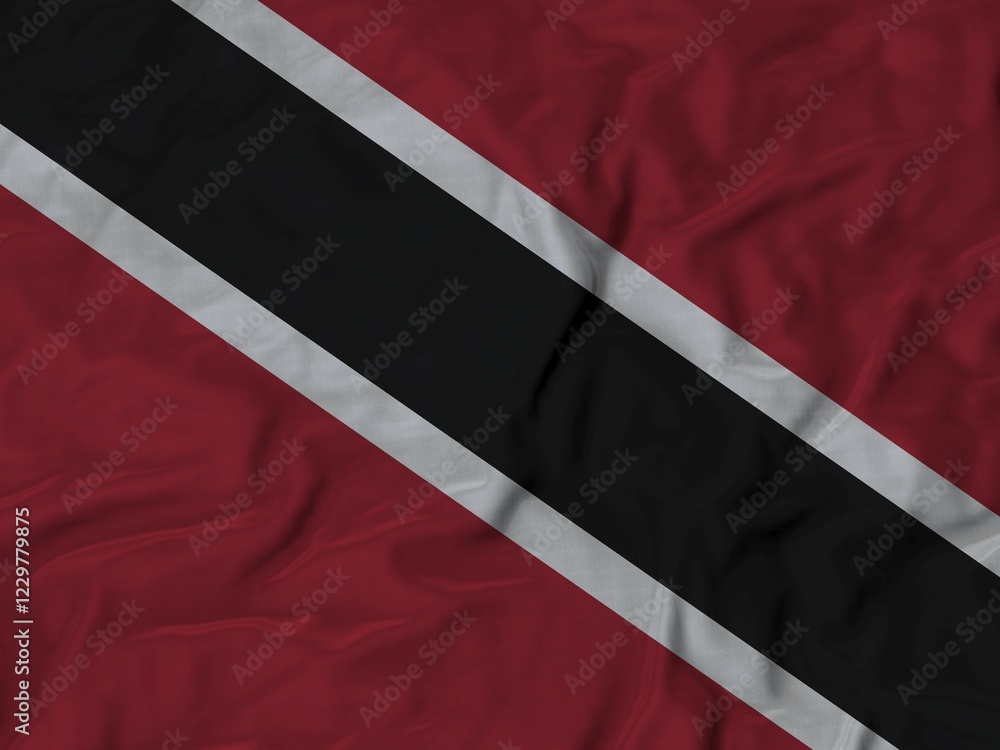 Poster flag with a black diagonal stripe bordered by white on a red background, fabric ruffled flag backgro