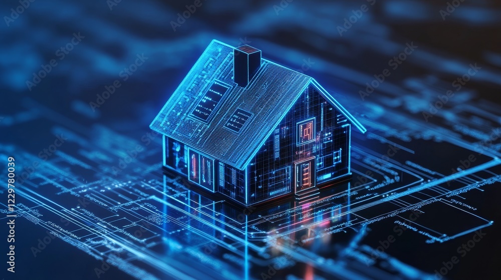 Poster a digital representation of a house featuring neon lighting and blueprint elements. this modern desi