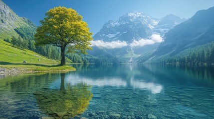 Fototapeta premium Serene mountain lake with tree reflection. (1)