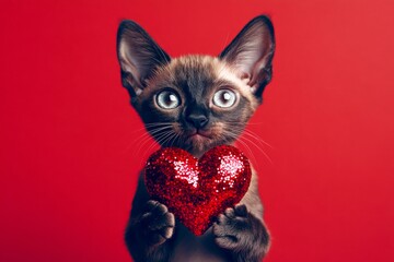 Commercial creative. Cute devon rex feline infant with sparkling rhinestones red heart - sign of love, funny greeting card. Devon rex - my preferred cat. Animal valentine's day. Red theme cat.