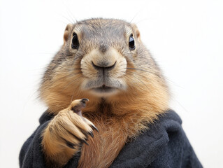 ..A close-up portrait photograph of a groundhog showing its paw with one finger raised, against a white background.