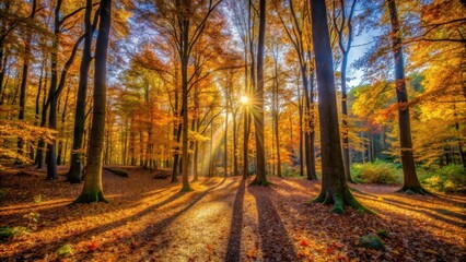 Naklejka premium Muted light filters through trees in a serene autumn forest