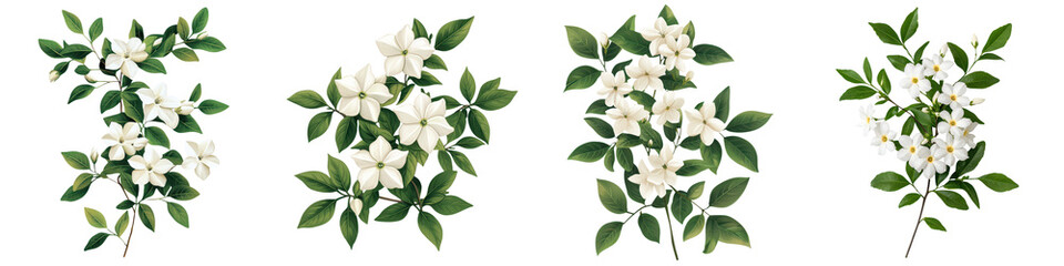 Naklejka premium Vibrant white flowers blooming on lush green foliage in a tranquil spring garden setting The delicate petals and tender leaves create a serene and elegant botanical composition