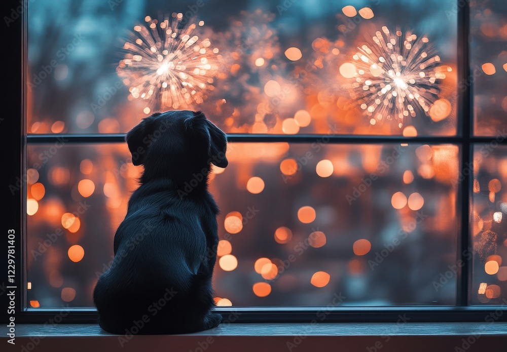 Poster black puppy watching colorful fireworks display through a window while sitting on a wooden ledge wit