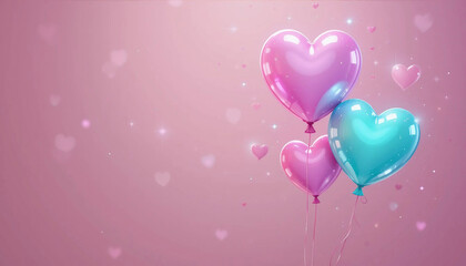 Vibrant cartoon-style heart-shaped balloons floating upward, with soft glowing effects.