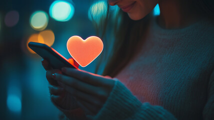 person holding a small heart-shaped clipart on a smartphone screen with soft lighting,