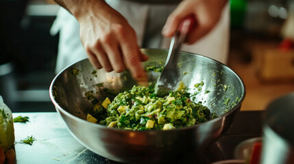 Fresh guacamole preparation in a modern kitchen with vibrant ingredients and skilled hands mixing flavors