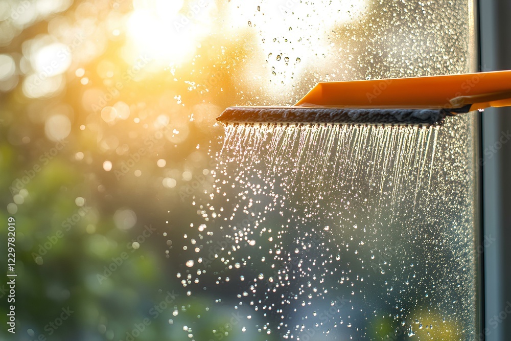 Poster cleaning day squeegee removing water droplets from window with sunny bokeh background