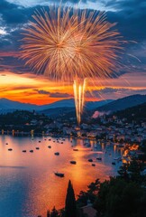 Breathtaking Fireworks Display Over Serene Coastal Town at Dusk with Reflection on Water and Dramatic Cloudy Sky in Background