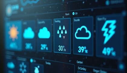 Digital weather forecast display showing temperature and precipitation.