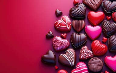 Obraz premium n assortment of colorful heart-shaped candies and chocolates, artistically arranged on a deep ruby-red-to-crimson gradient background. Valentines Day and 8 March theme