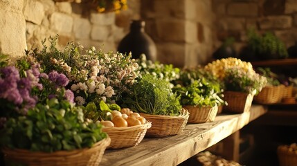 Fresh Herbs and Vegetables Displayed on Rustic Wooden Table