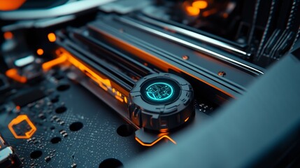 Futuristic AI processor closeup shot in hightech lab