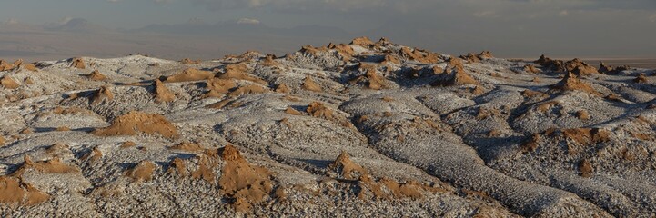 Bizarre red rock formations with white salt, Valle de la Luna, San Pedro de Atacama, Chile, South America