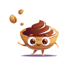A charming cartoon-style cookie character shaped like a traditional walnut cookie with creamy condensed milk filling. This cheerful and friendly dessert character brings warmth, nostalgia