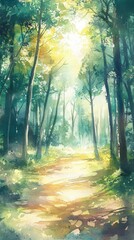 Obraz premium Enchanted Forest Pathway Watercolor Painting
