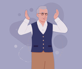 Senior man, classic vest, retro vintage glasses asking pose. University professor, lecturer, old experienced, grey hair, older grandfather. Vector flat style cartoon illustration, creative background