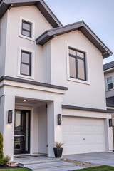 Obraz premium Modern White House Exterior: Contemporary Home Design and Architecture. Luxury Real Estate Property with Garage and Landscaping