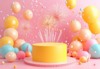 Bright and Cheerful Birthday Celebration Scene with Colorful Balloons, Festive Cake, and Sparkling Fireworks on a Pink Background