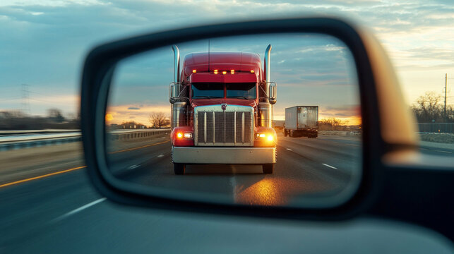 Driver checks mirrors while on the highway at sunset to ensure safe lane changes
