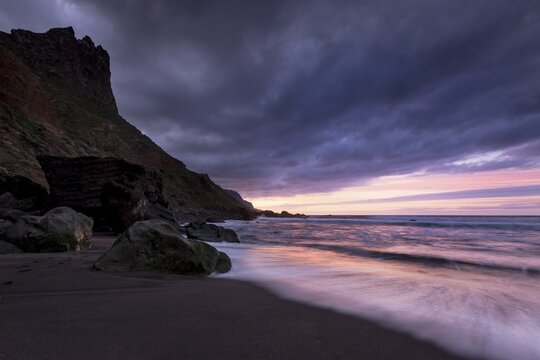 Beach Playa de Almaciga, rocky coast, sunset, Tenerife, Canary Islands, Spain, Europe