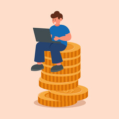 Business Illustration of a Successful Entrepreneur. Concept of Character Sitting on a Stack of Dollar Coins