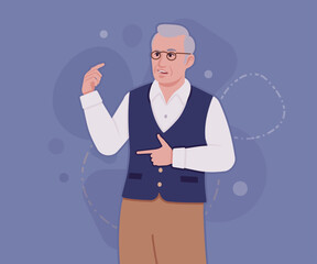 Senior man in classic vest, retro vintage glasses, speaker. University professor, lecturer, old experienced, grey hair, older grandfather. Vector flat style cartoon illustration, creative background