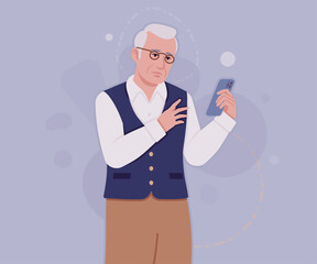 Senior man in classic vest, vintage glasses, phone using. University professor, lecturer, old experienced, grey hair, older grandfather. Vector flat style cartoon illustration, creative background