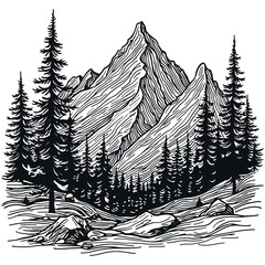 Sketch Style Mountain and Woodland with tree, High Quality Wildlife and Camping Design for Graphic and Logo Use