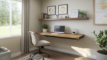 A compact home office with floating shelves, a foldable desk, and neutral decor.